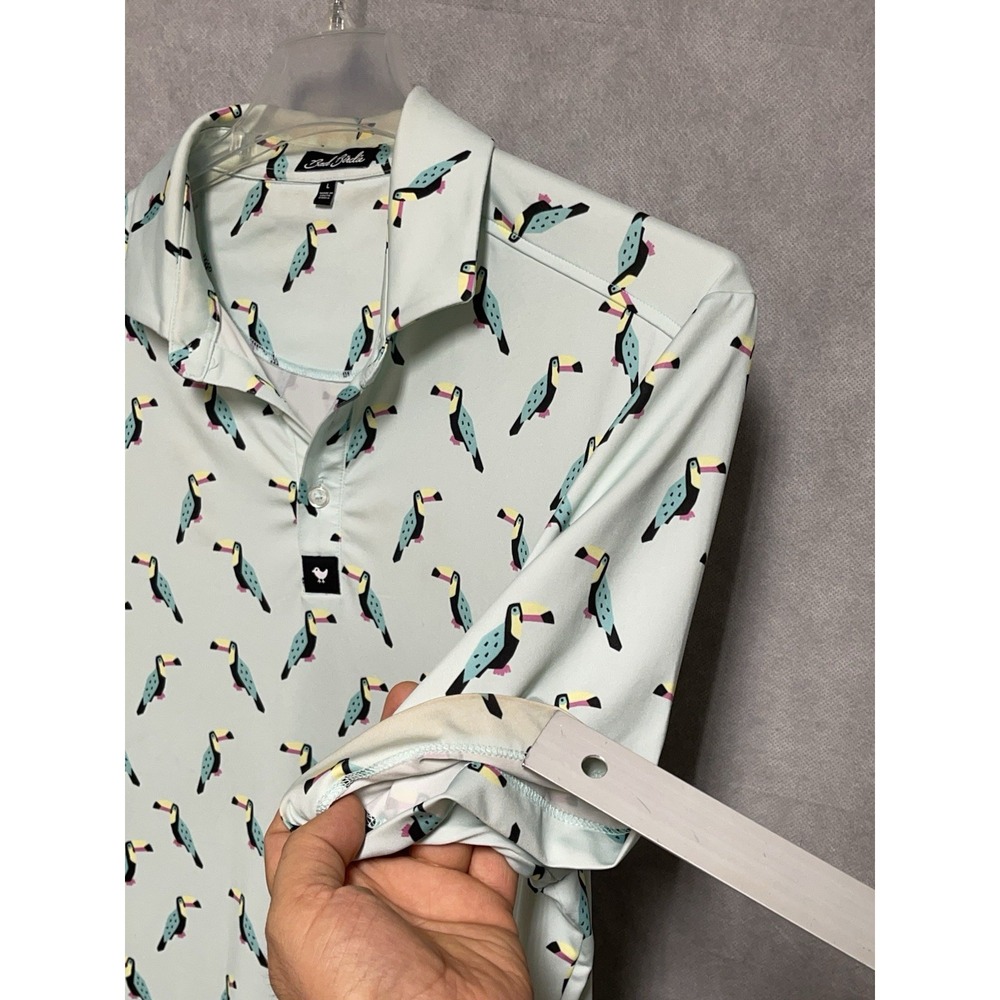 Bad Birdie Polo Shirt Men L Green Toucan Do It Golf AOP Performance Geometric - Picture 7 of 10